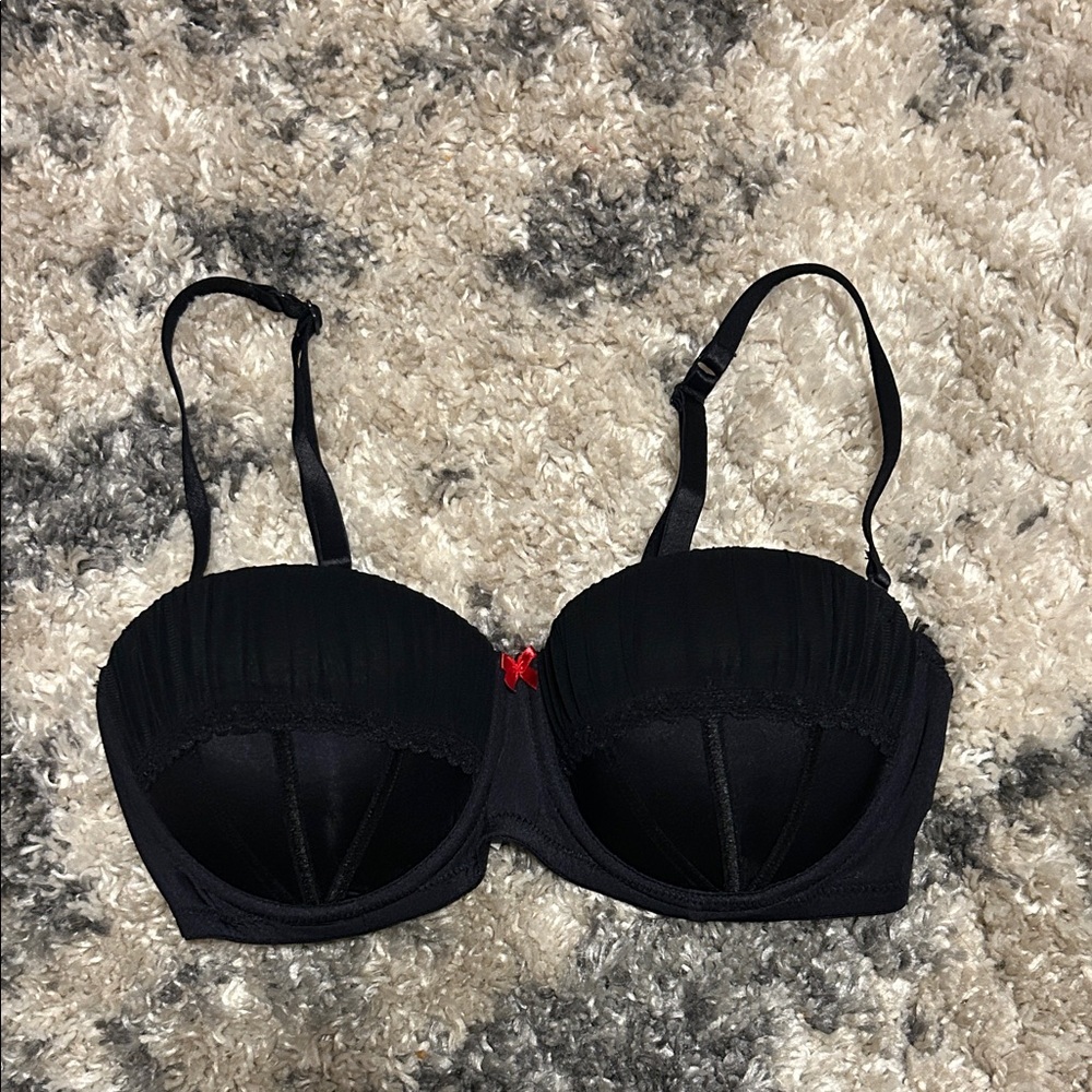 Simply Styled Black Balconette Bra with Red Bow Accent
